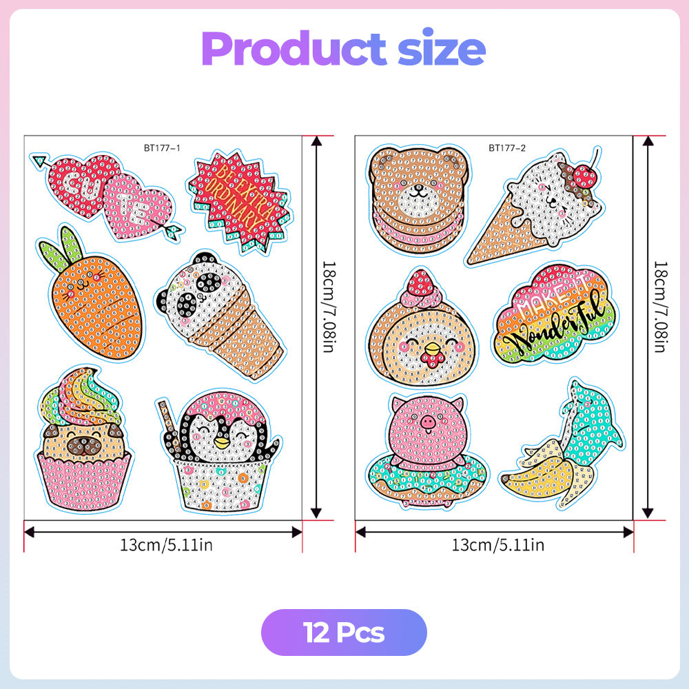 12Pcs Animal Shaped Ice Cream Diamond Painting Stickers