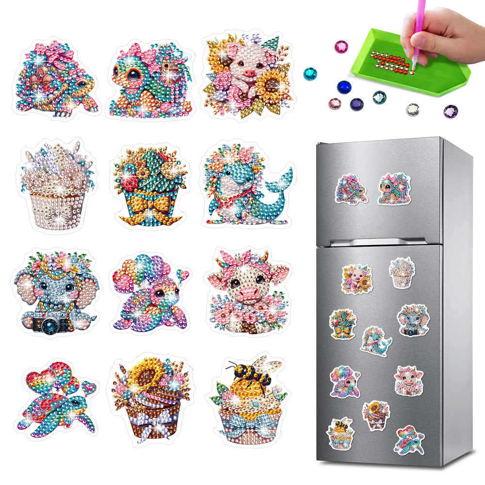 12Pcs Colorful Cartoon Animals Diamond Painting Fridge Magnets Kit