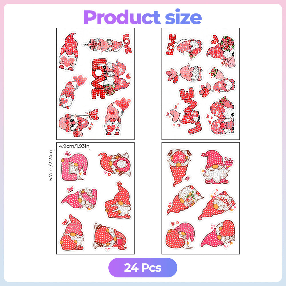 24Pcs Red Valentine Gnome Diamond Painting Stickers