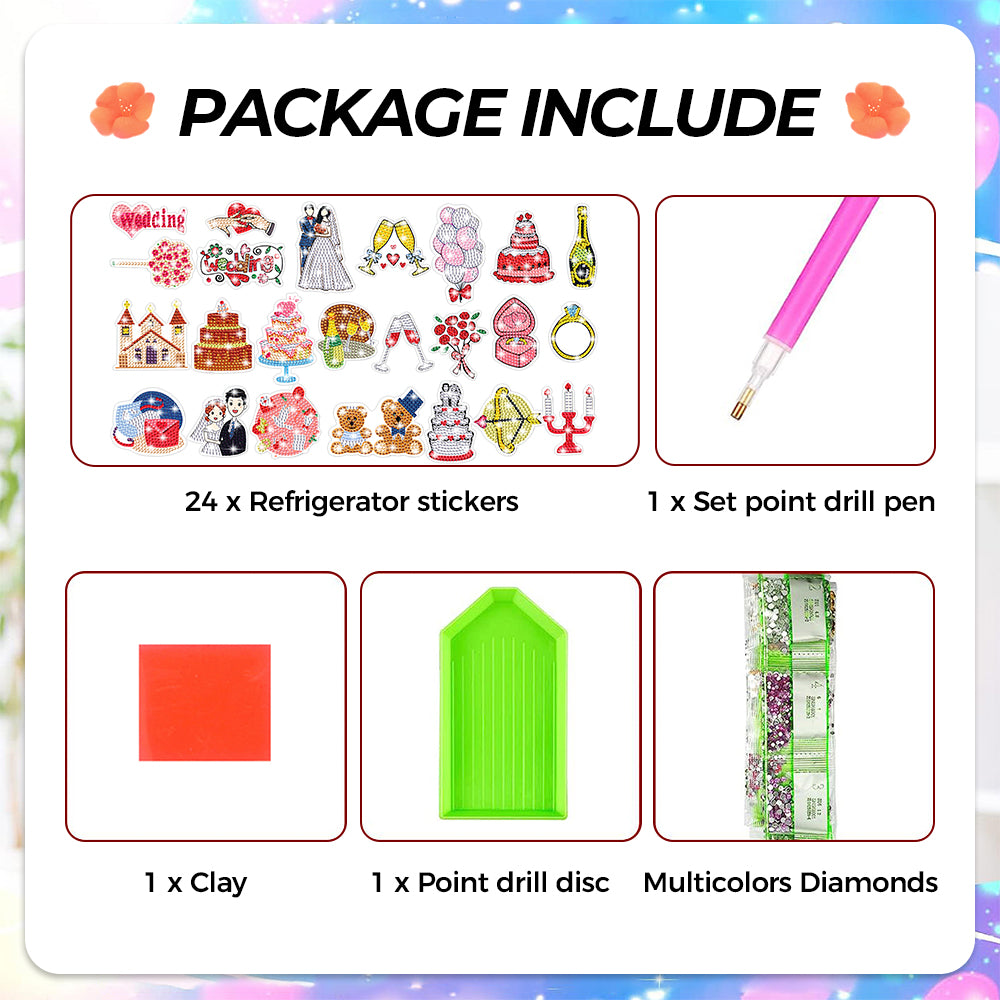 24Pcs Sweet Wedding Diamond Painting Fridge Magnets Kit
