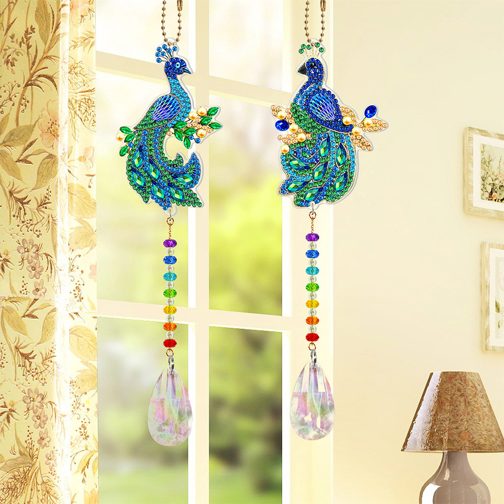 2Pcs Double-Sided Diamond Painting Crystal Suncatcher Hanging Ornament - Blue and Green Peacocks