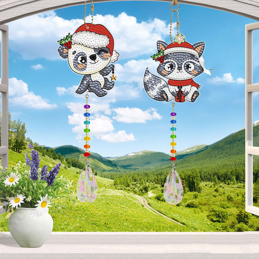 2Pcs Double-Sided Diamond Painting Crystal Suncatcher Hanging Ornament - Christmas Panda and Raccoon