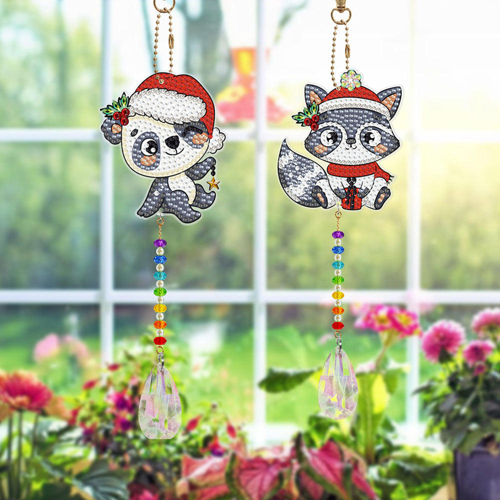 2Pcs Double-Sided Diamond Painting Crystal Suncatcher Hanging Ornament - Christmas Panda and Raccoon
