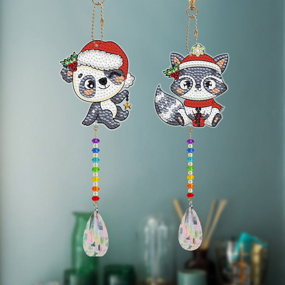 2Pcs Double-Sided Diamond Painting Crystal Suncatcher Hanging Ornament - Christmas Panda and Raccoon