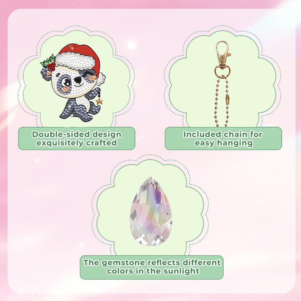 2Pcs Double-Sided Diamond Painting Crystal Suncatcher Hanging Ornament - Christmas Panda and Raccoon