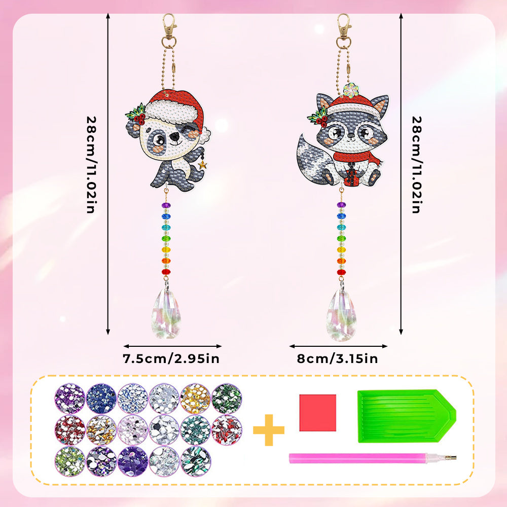 2Pcs Double-Sided Diamond Painting Crystal Suncatcher Hanging Ornament - Christmas Panda and Raccoon