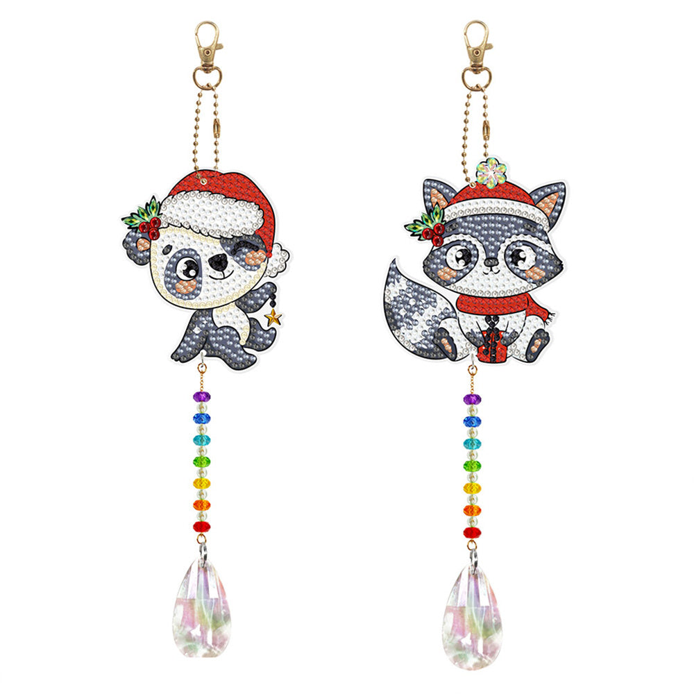2Pcs Double-Sided Diamond Painting Crystal Suncatcher Hanging Ornament - Christmas Panda and Raccoon