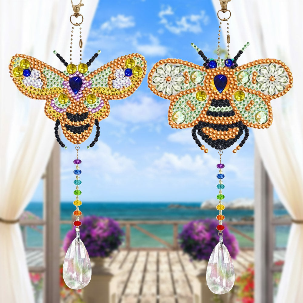 2Pcs Double-Sided Diamond Painting Crystal Suncatcher Hanging Ornament - Golden Bees