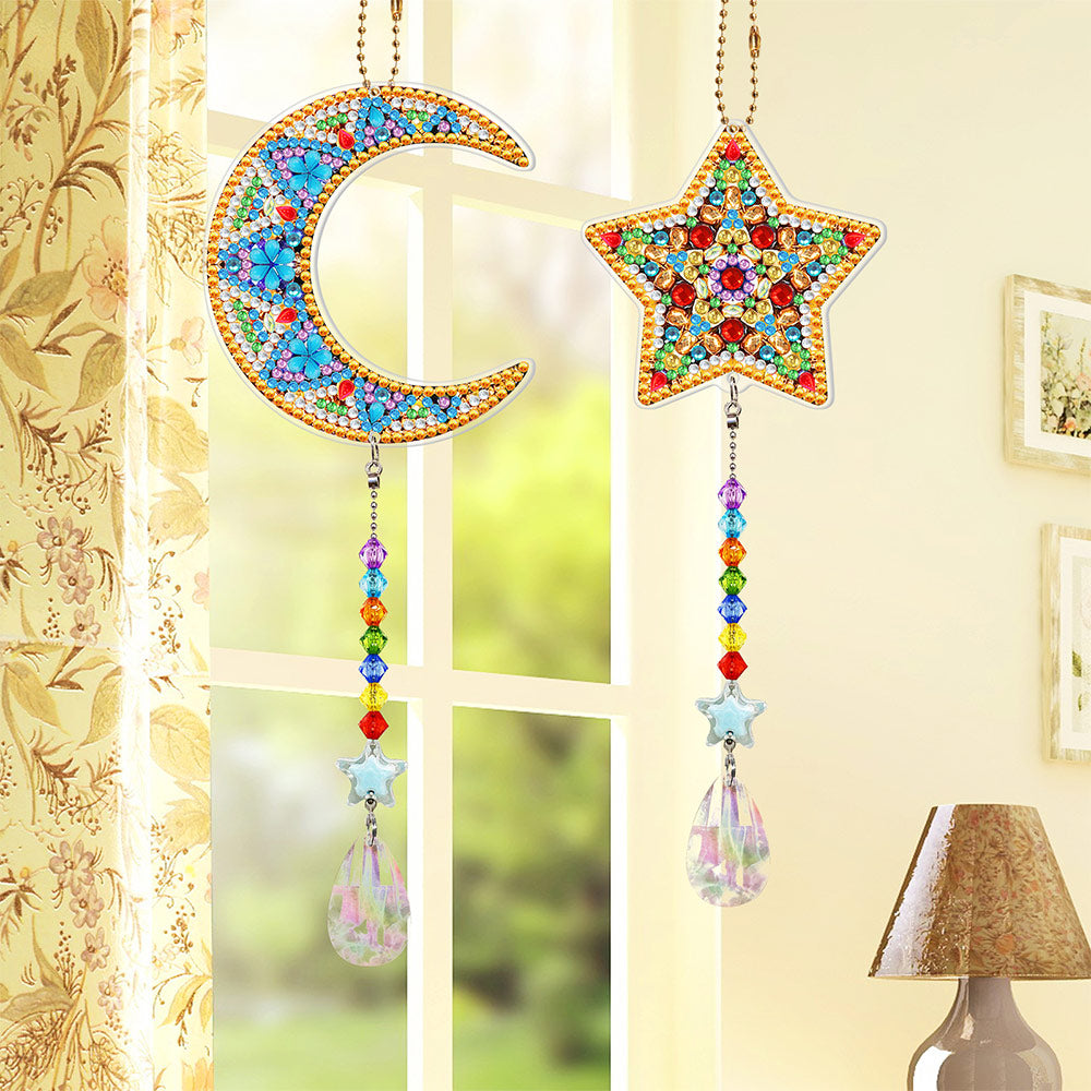 2Pcs Double-Sided Diamond Painting Crystal Suncatcher Hanging Ornament - Moon and Star