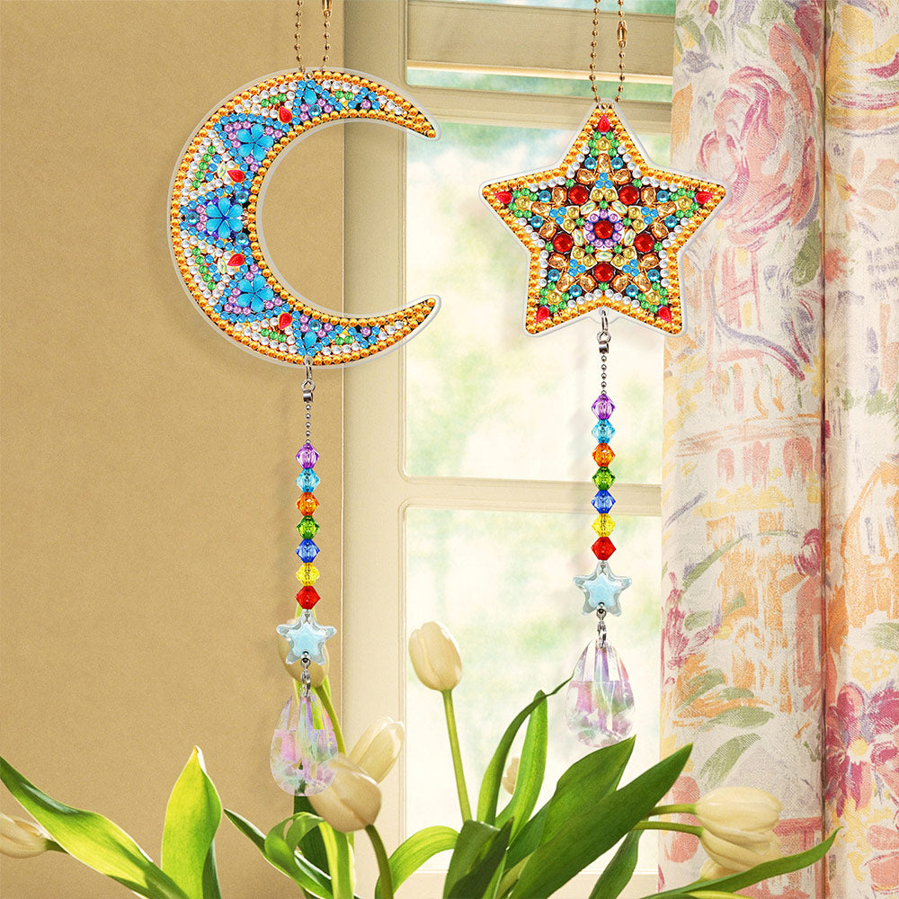 2Pcs Double-Sided Diamond Painting Crystal Suncatcher Hanging Ornament - Moon and Star