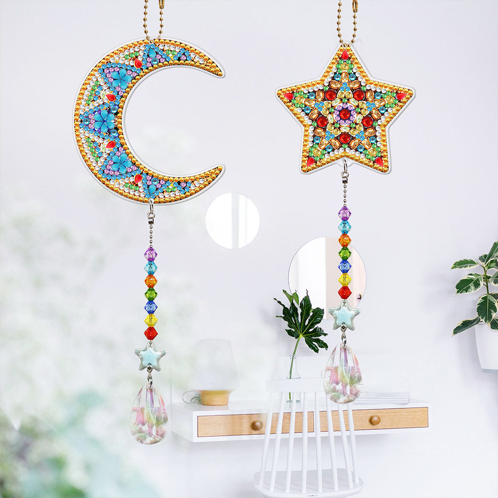 2Pcs Double-Sided Diamond Painting Crystal Suncatcher Hanging Ornament - Moon and Star