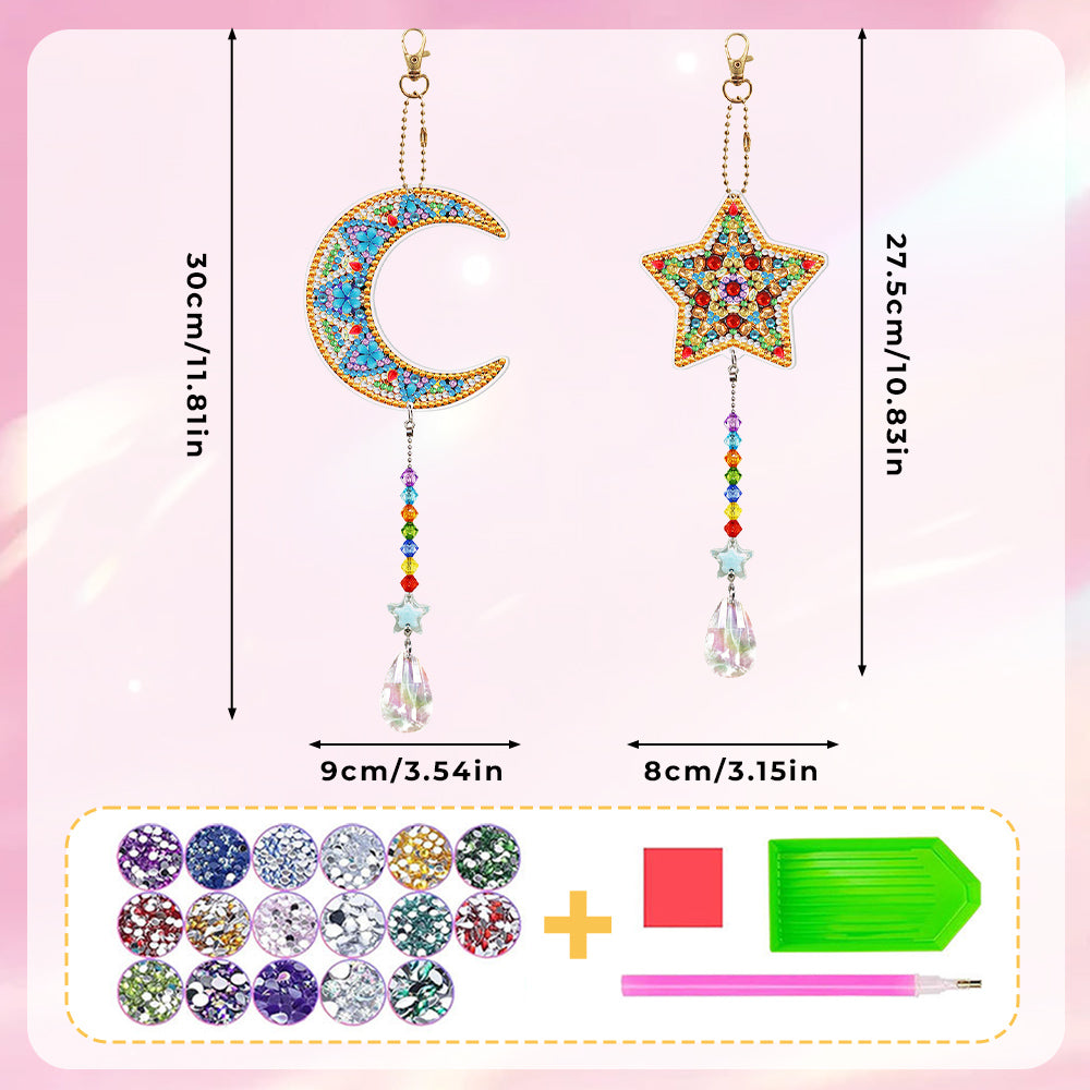 2Pcs Double-Sided Diamond Painting Crystal Suncatcher Hanging Ornament - Moon and Star