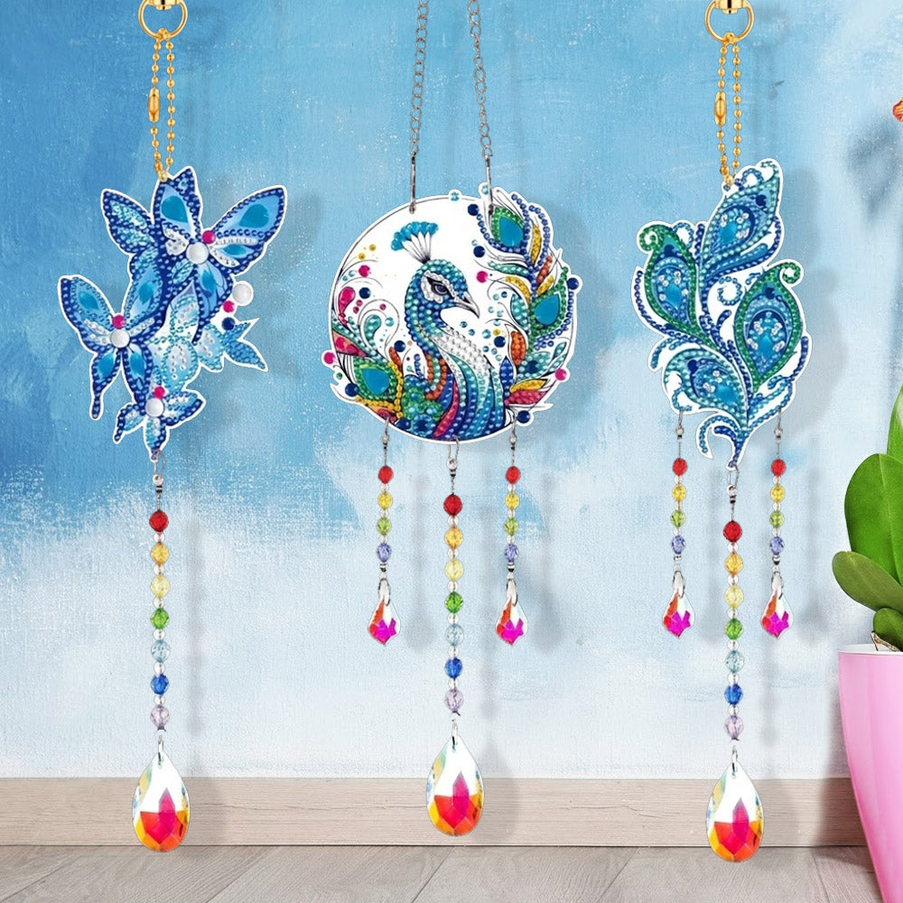 3Pcs Double-Sided Diamond Painting Crystal Suncatcher Hanging Ornament - Blue Butterflies and Peacock