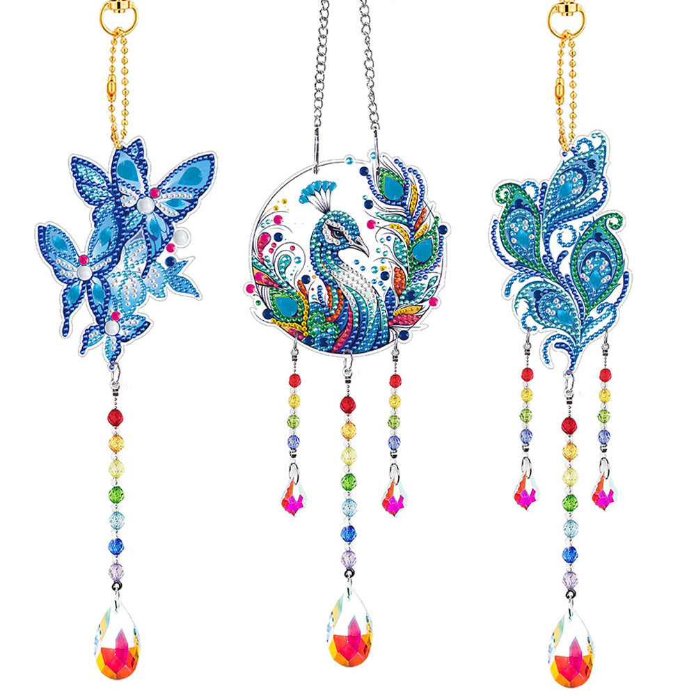 3Pcs Double-Sided Diamond Painting Crystal Suncatcher Hanging Ornament - Blue Butterflies and Peacock