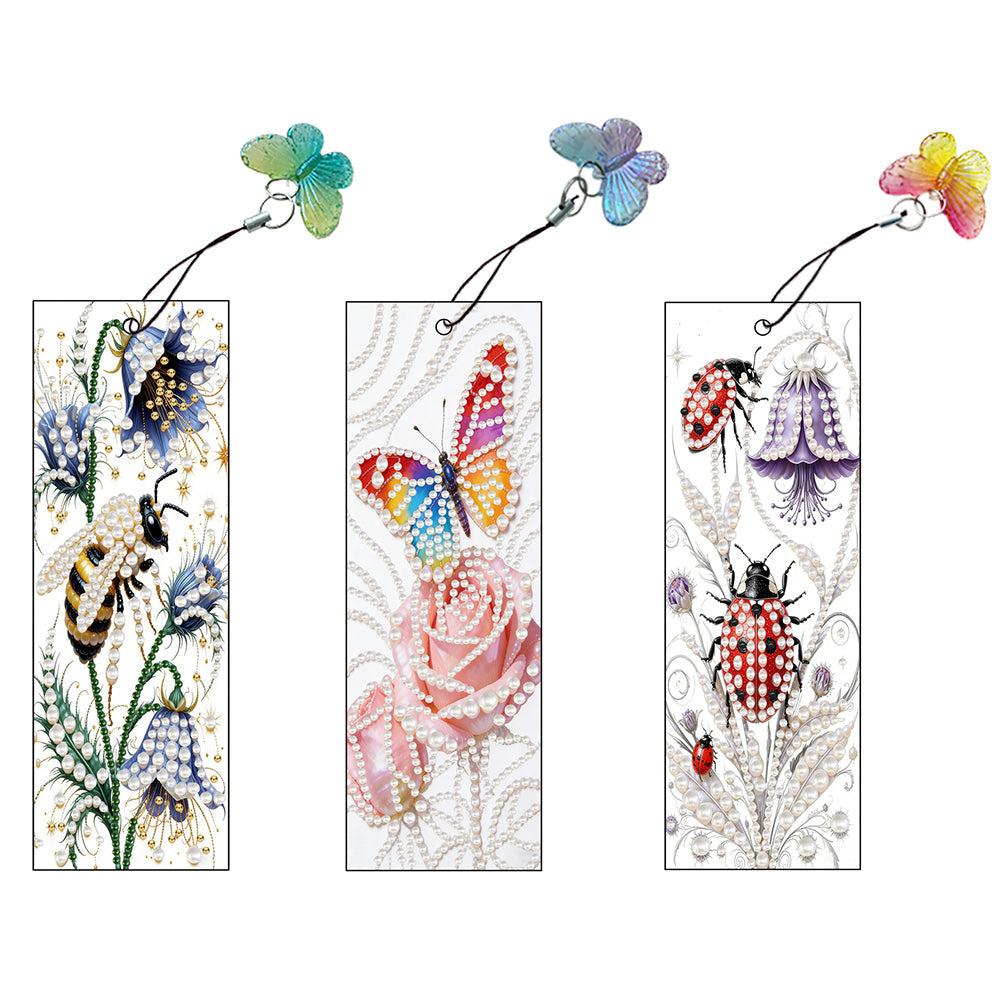 3PCS Pearl Diamond Painting Bookmark Kit – Flying Insects and Flowers