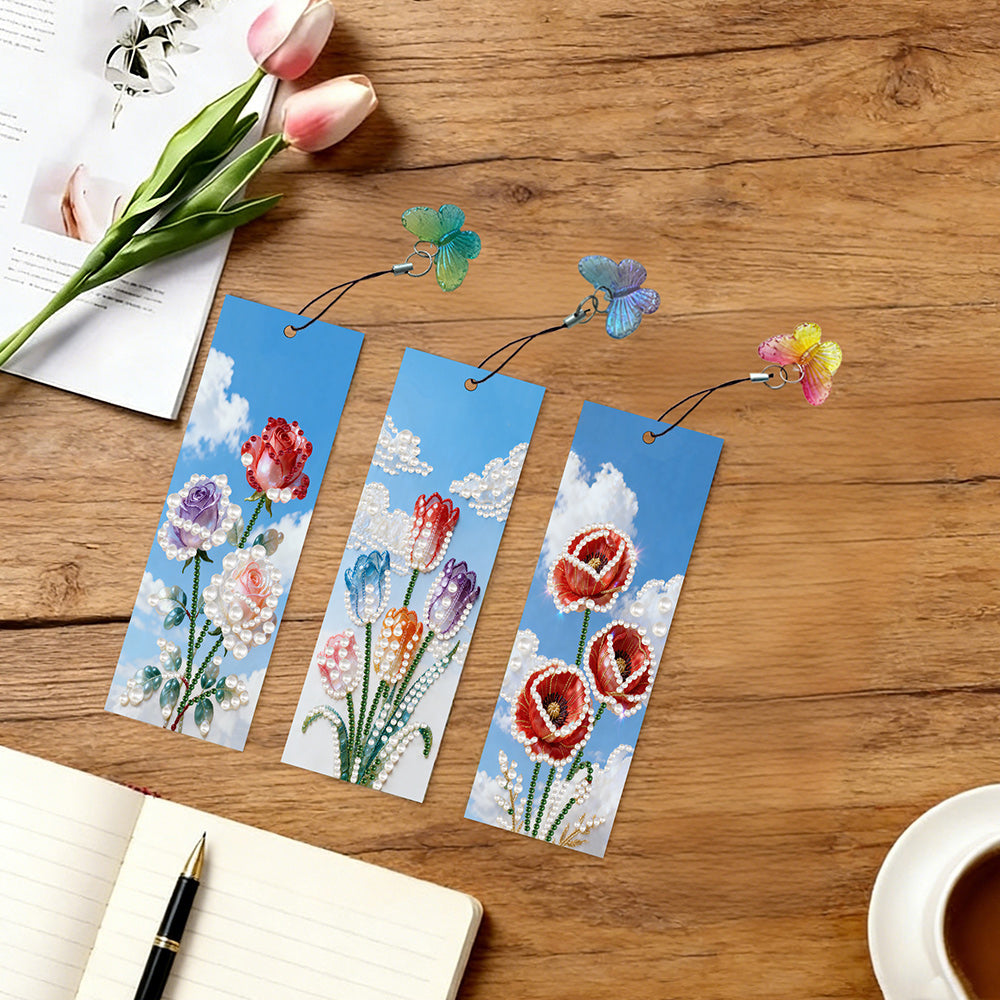 3PCS Pearl Diamond Painting Bookmark Kit – Roses, Tulips and Poppies