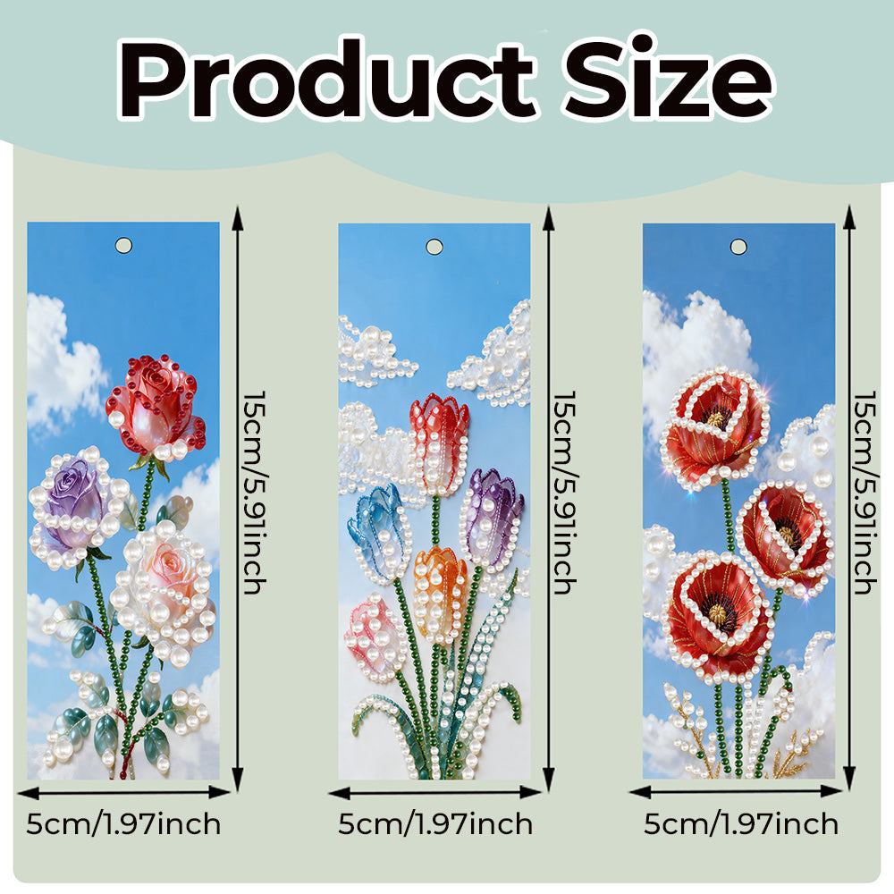 3PCS Pearl Diamond Painting Bookmark Kit – Roses, Tulips and Poppies
