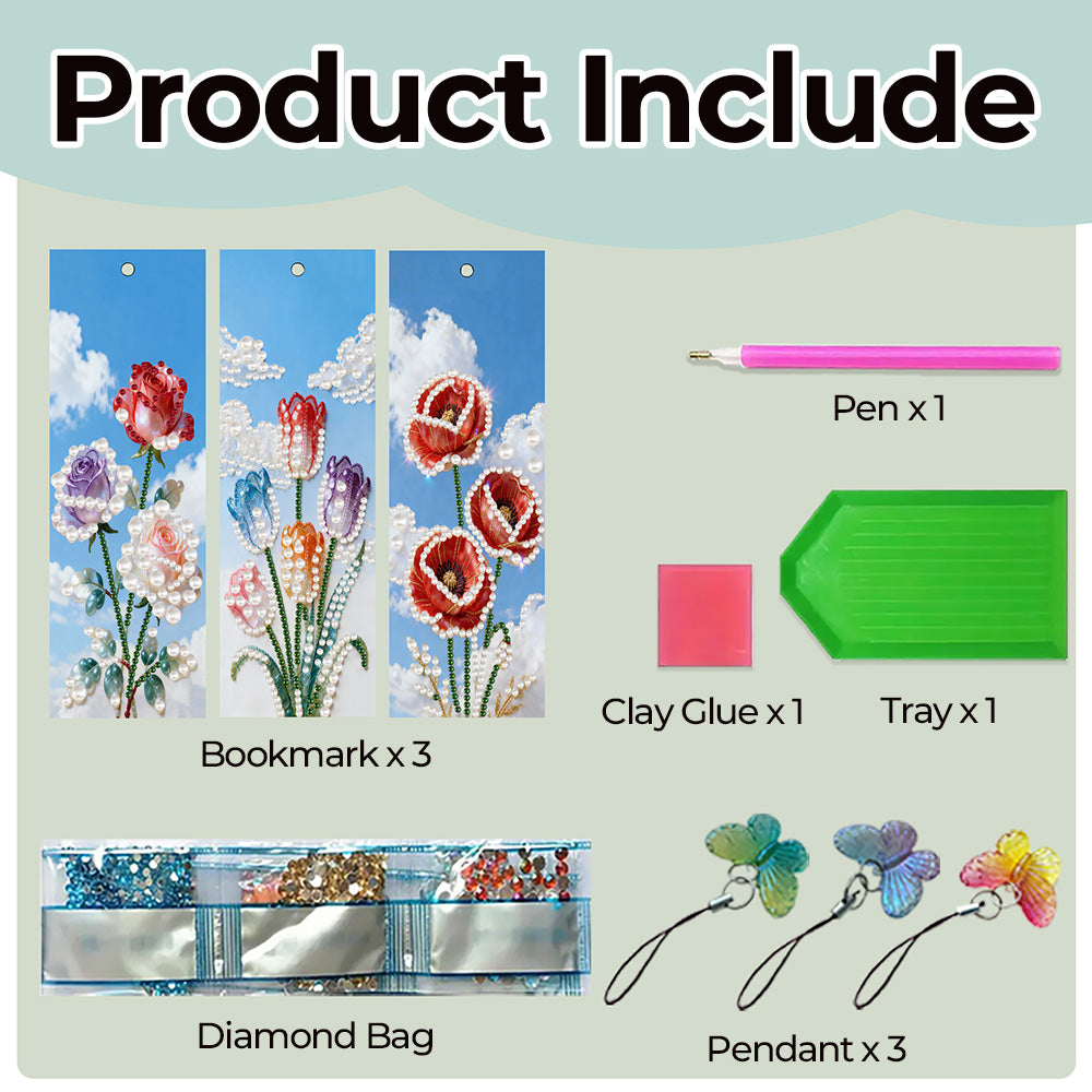 3PCS Pearl Diamond Painting Bookmark Kit – Roses, Tulips and Poppies