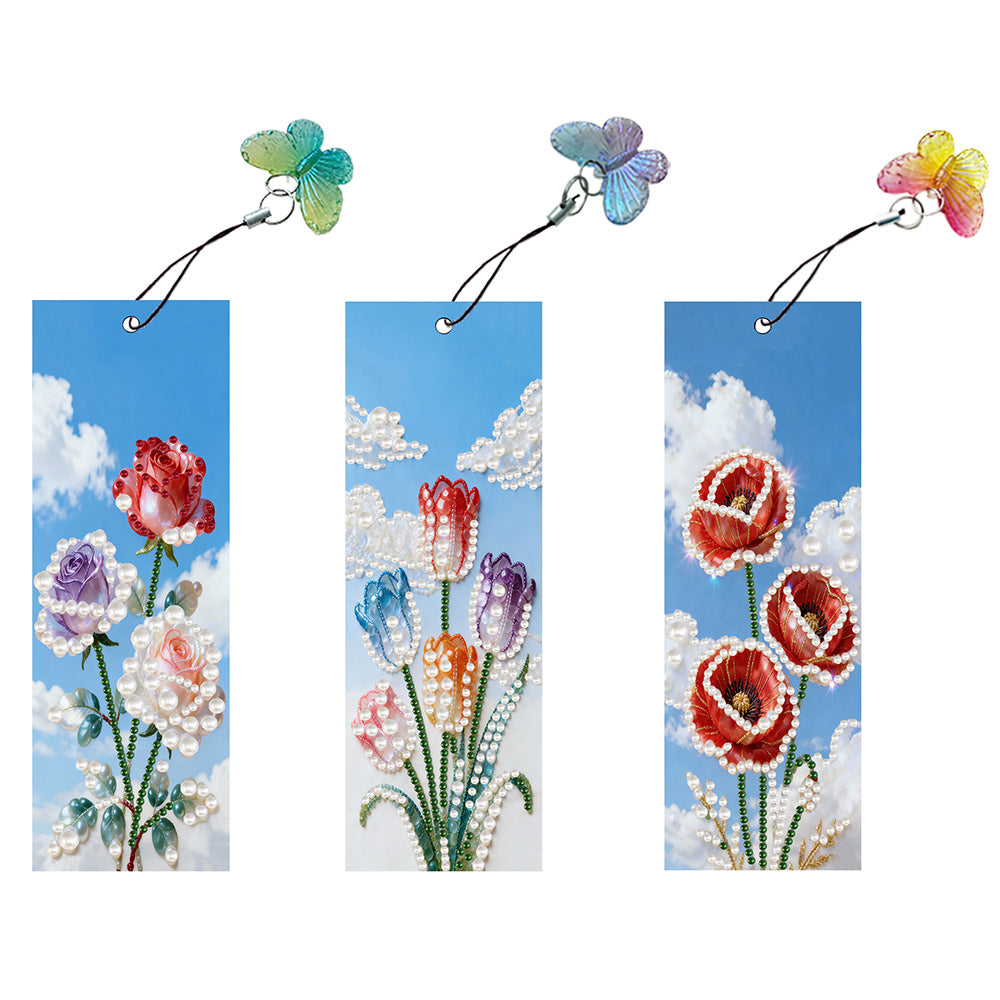 3PCS Pearl Diamond Painting Bookmark Kit – Roses, Tulips and Poppies