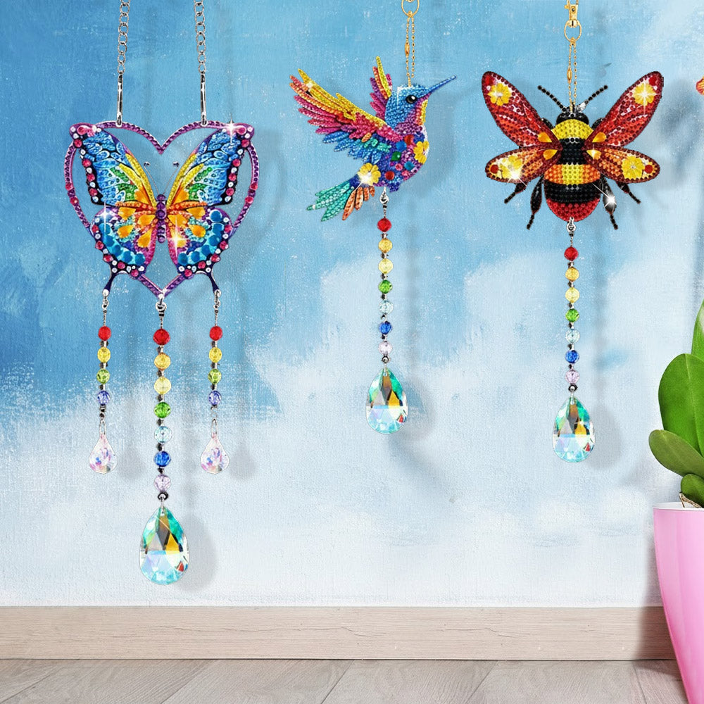 5Pcs Double-Sided Diamond Painting Crystal Suncatcher Hanging Ornament - Flying Animals and Hearts