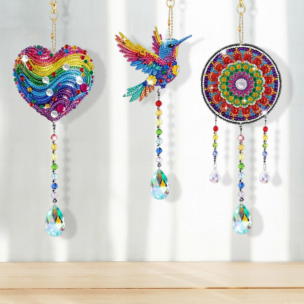 5Pcs Double-Sided Diamond Painting Crystal Suncatcher Hanging Ornament - Flying Animals and Hearts