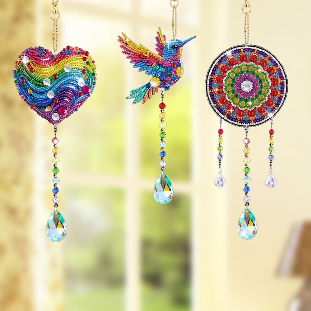 5Pcs Double-Sided Diamond Painting Crystal Suncatcher Hanging Ornament - Flying Animals and Hearts