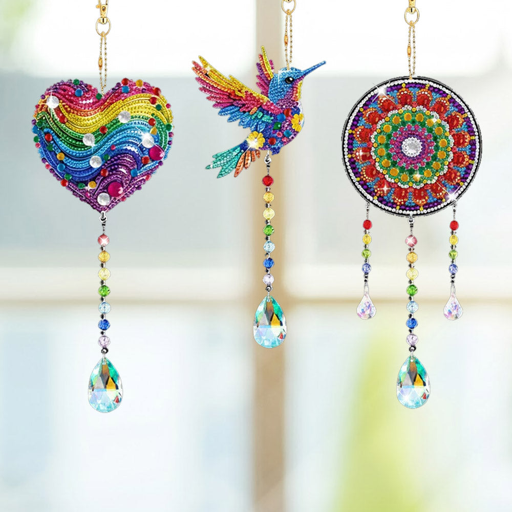 5Pcs Double-Sided Diamond Painting Crystal Suncatcher Hanging Ornament - Flying Animals and Hearts