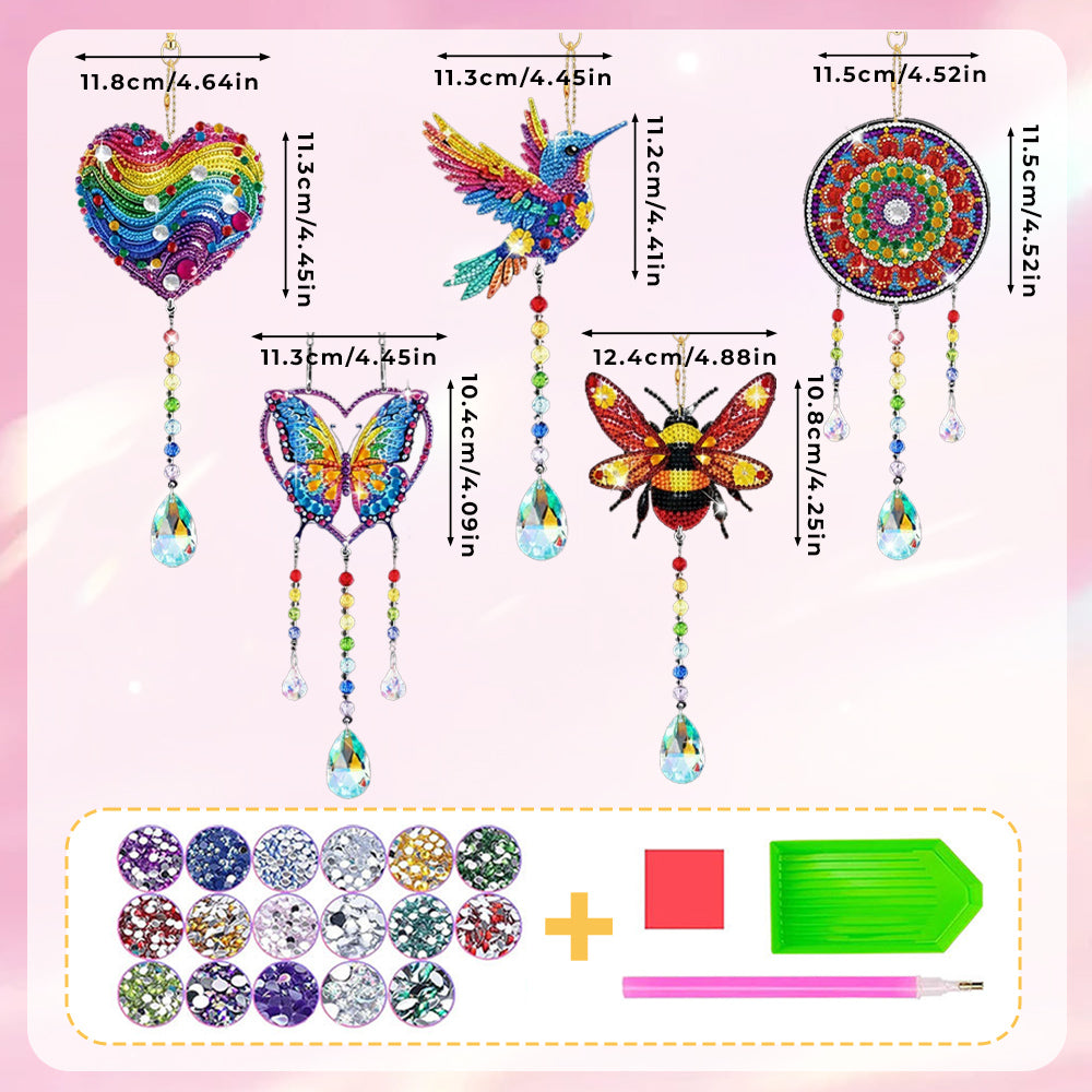 5Pcs Double-Sided Diamond Painting Crystal Suncatcher Hanging Ornament - Flying Animals and Hearts