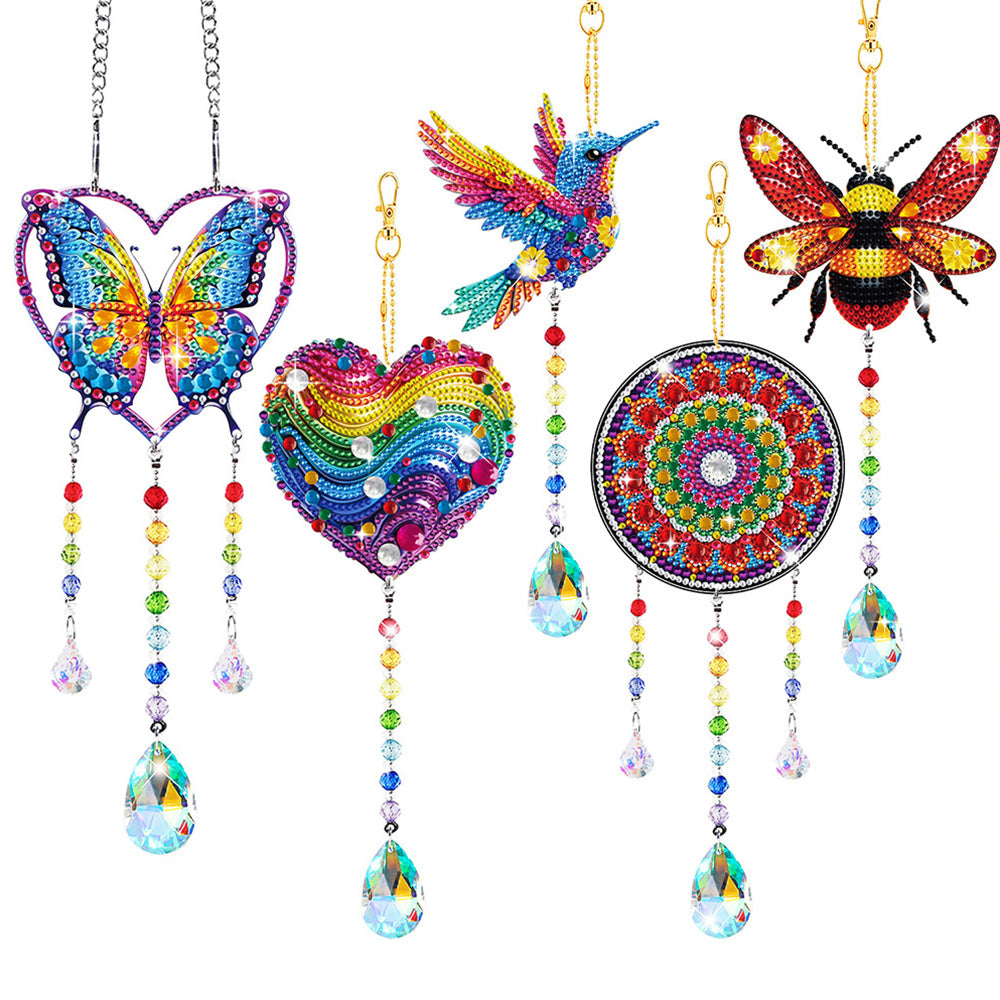 5Pcs Double-Sided Diamond Painting Crystal Suncatcher Hanging Ornament - Flying Animals and Hearts