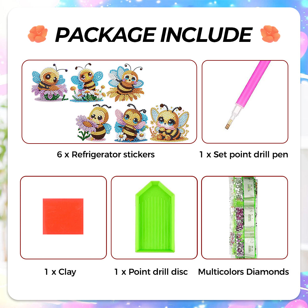 6Pcs Bees and Daisies Diamond Painting Fridge Magnets Kit