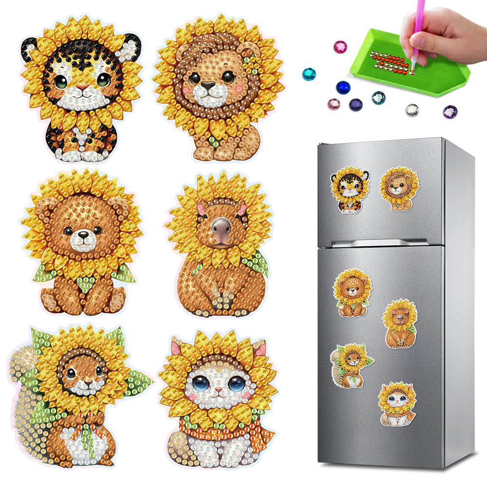 6Pcs Sunflower Animals Diamond Painting Fridge Magnets Kit