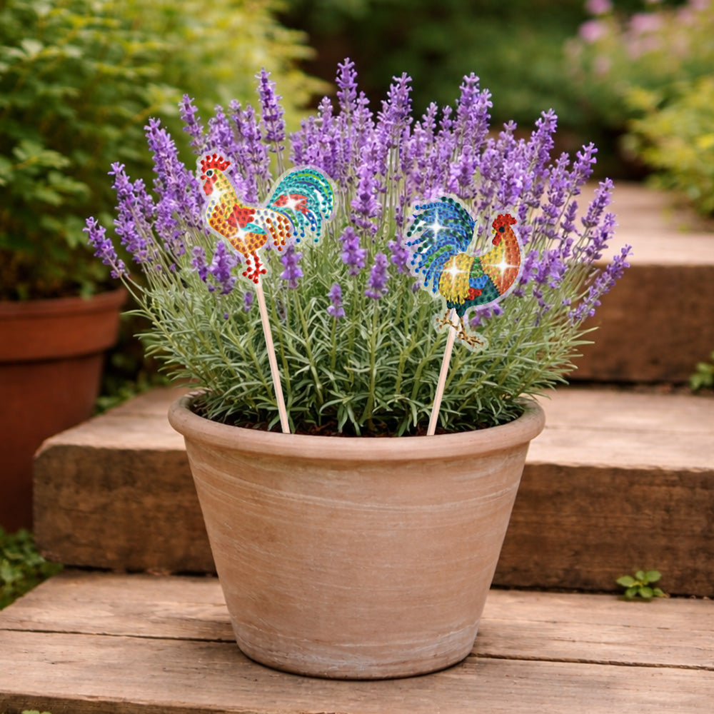 8PCS Colorful and Beautiful Rooster Diamond Painting Garden Stakes