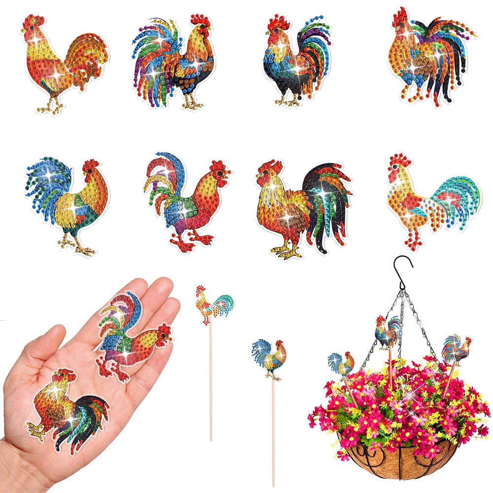 8PCS Colorful and Beautiful Rooster Diamond Painting Garden Stakes