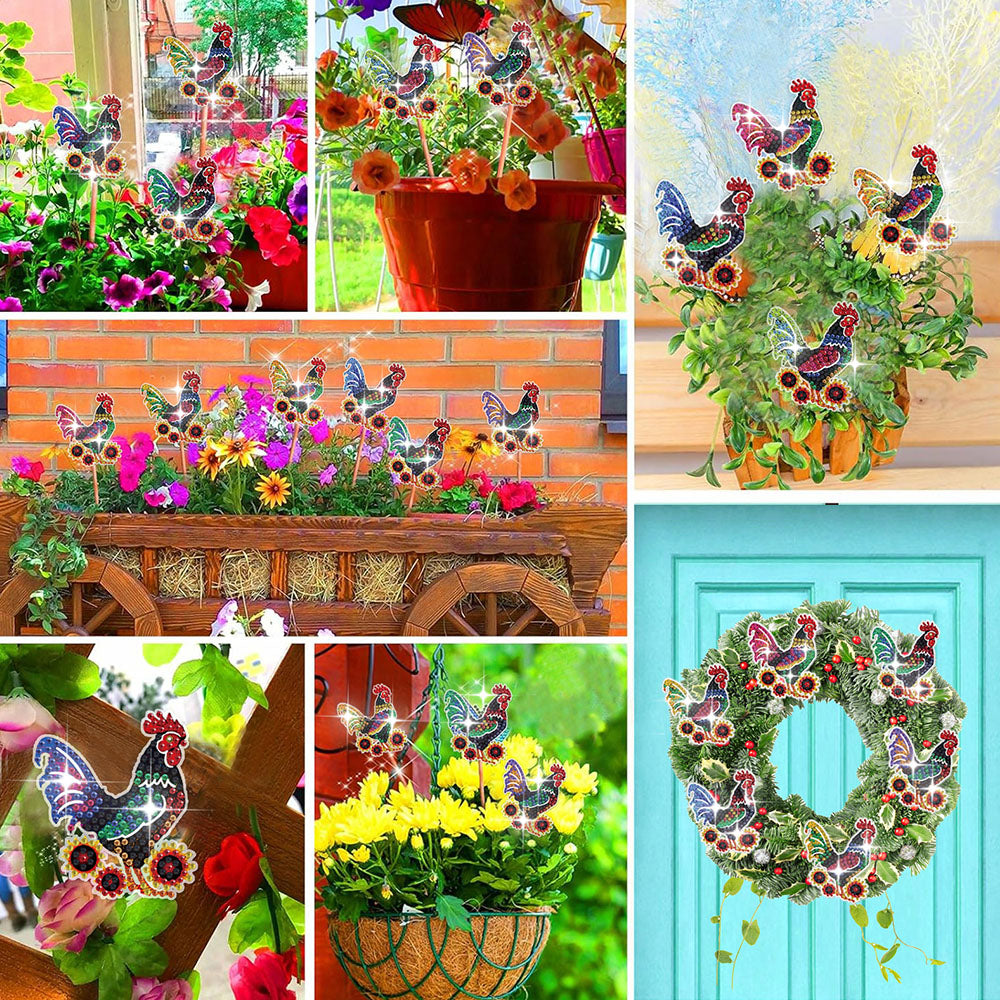 8PCS Colorful Rooster Diamond Painting Garden Stakes