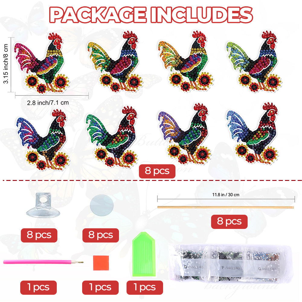 8PCS Colorful Rooster Diamond Painting Garden Stakes