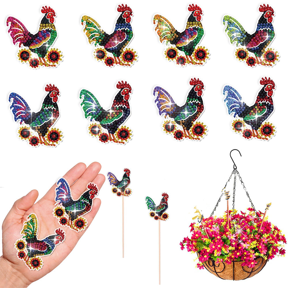 8PCS Colorful Rooster Diamond Painting Garden Stakes