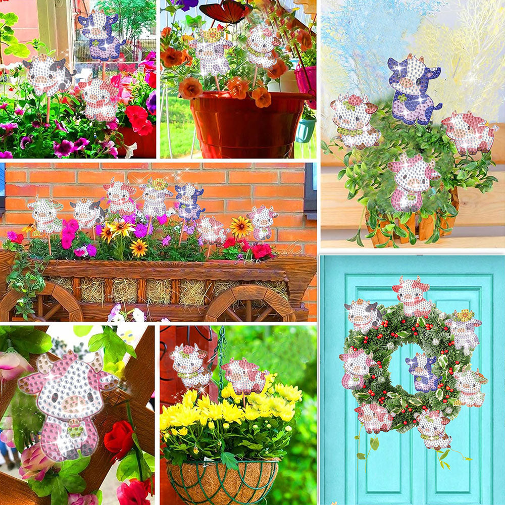 8PCS Cute Cows Diamond Painting Garden Stakes