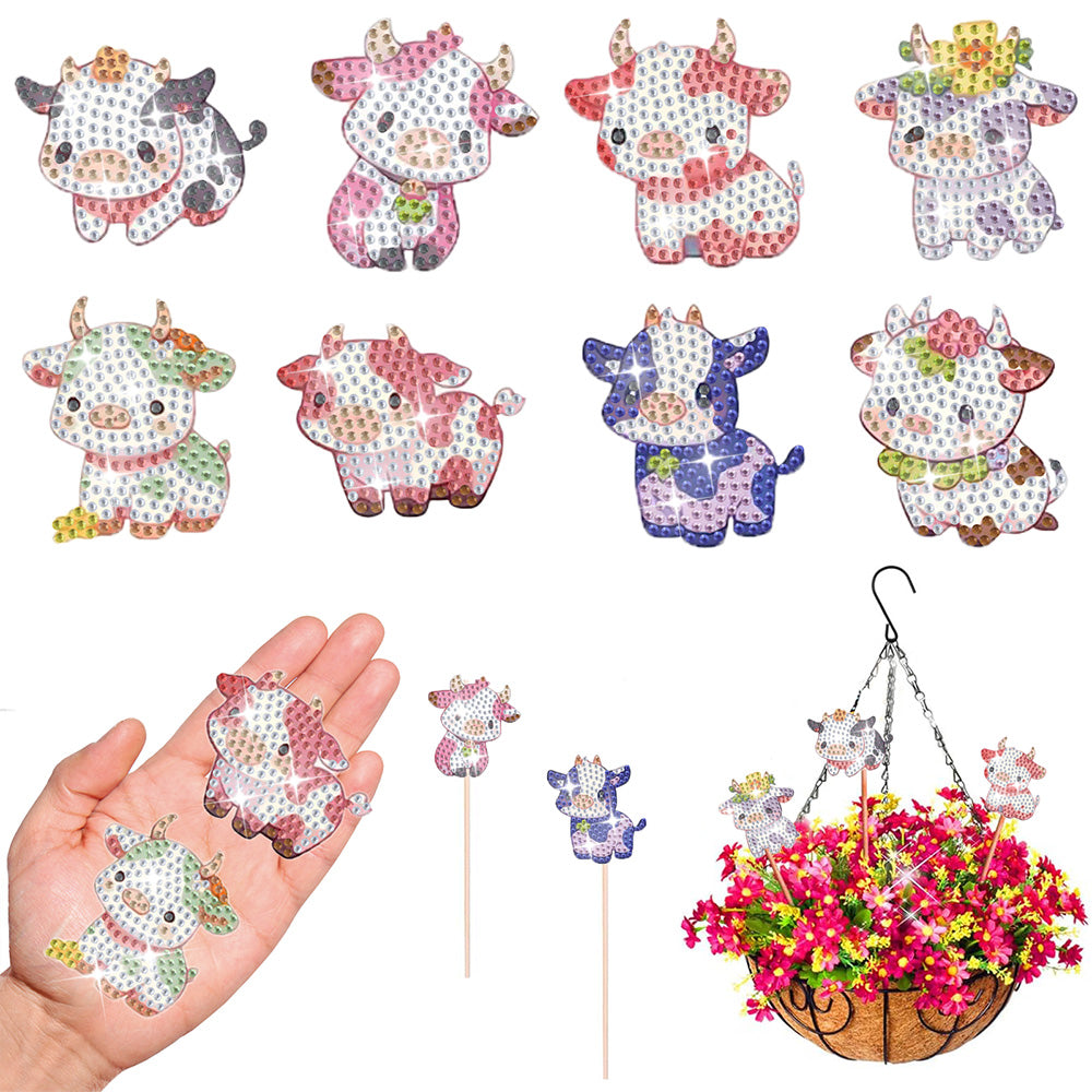 8PCS Cute Cows Diamond Painting Garden Stakes