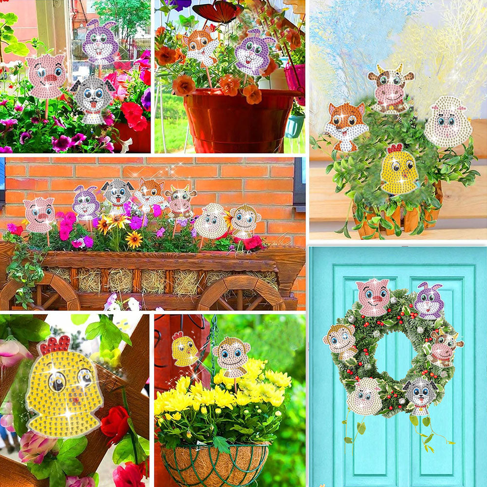 8PCS Cute Farm Animals Diamond Painting Garden Stakes