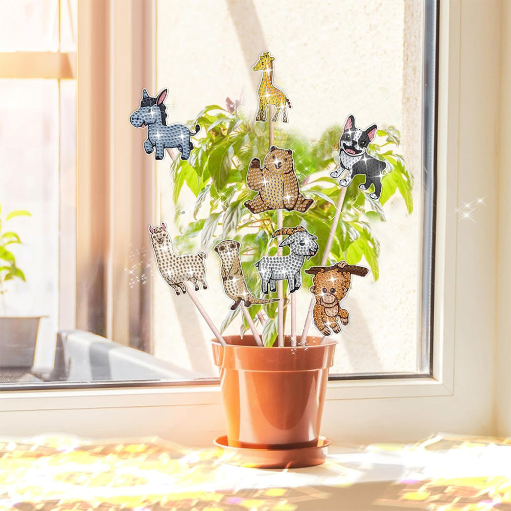 8PCS Cute Zoo Animals Diamond Painting Garden Stakes