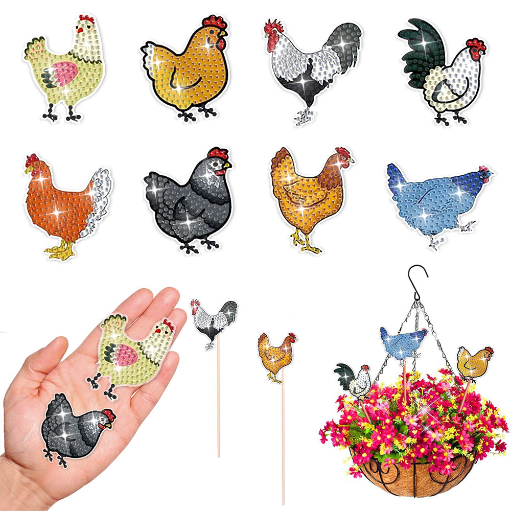 8PCS Farm Hen Diamond Painting Garden Stakes