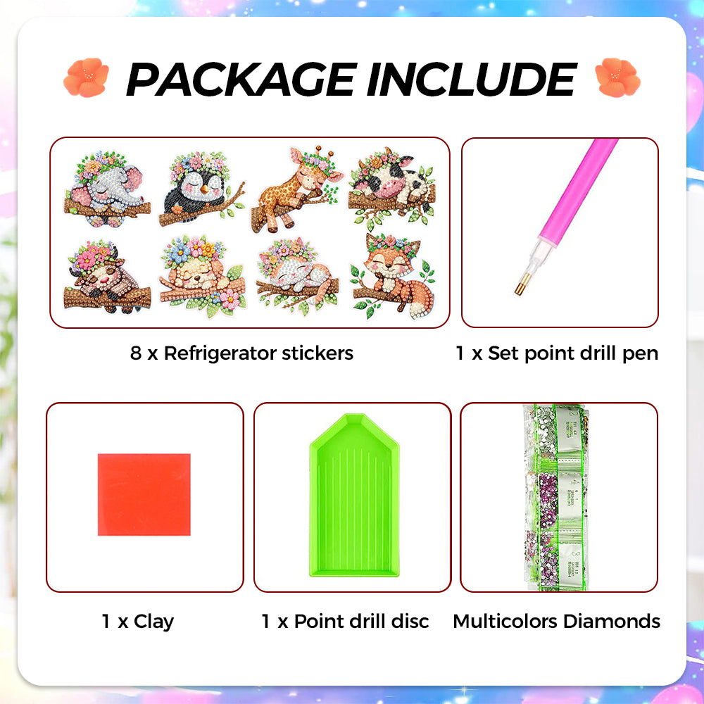 8Pcs Sleeping Animals Diamond Painting Fridge Magnets Kit