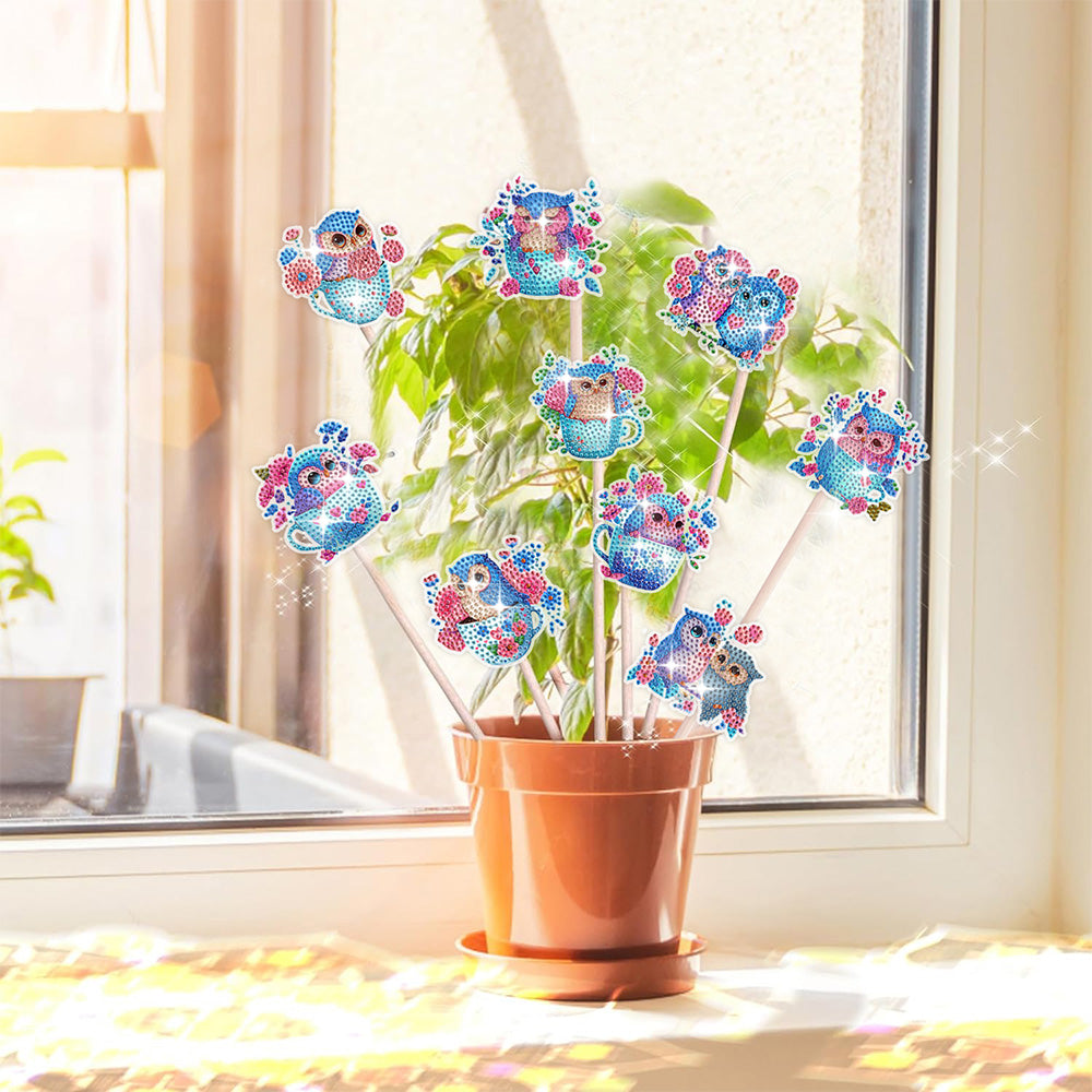 9PCS Cute Owls Diamond Painting Garden Stakes