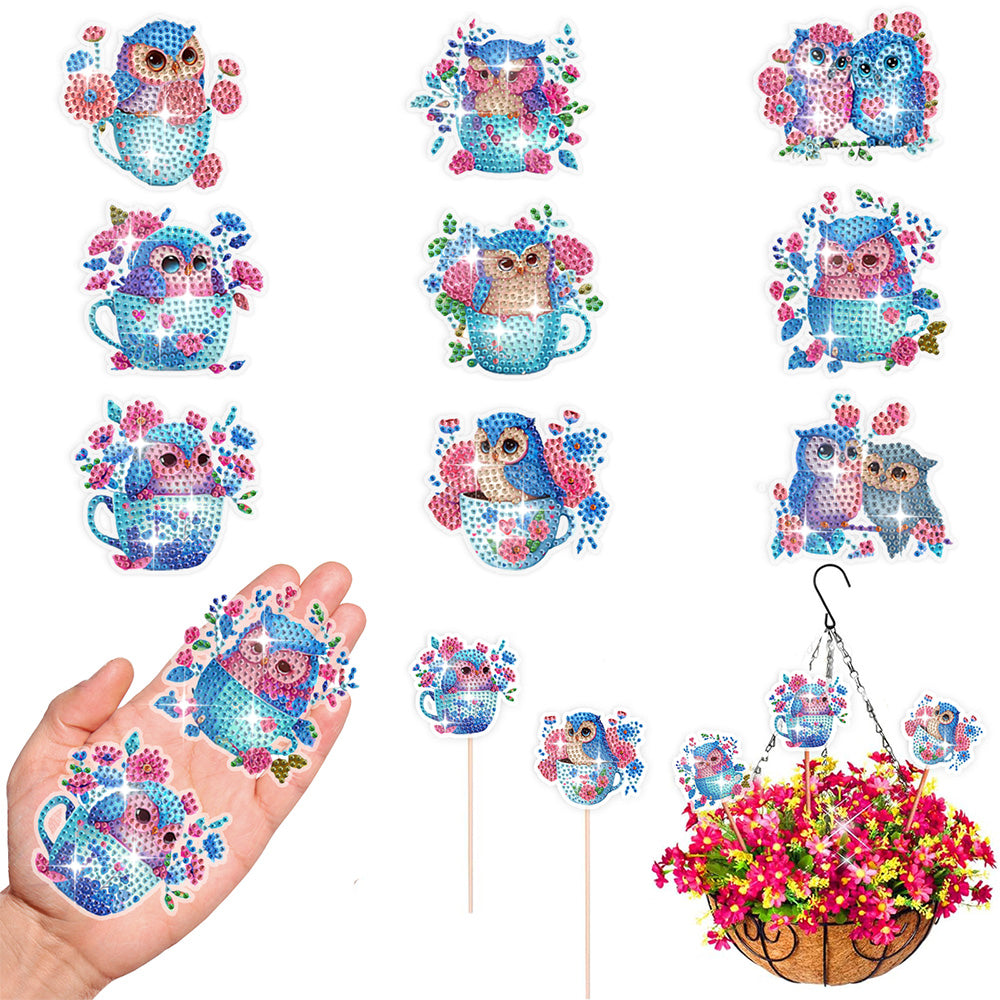 9PCS Cute Owls Diamond Painting Garden Stakes