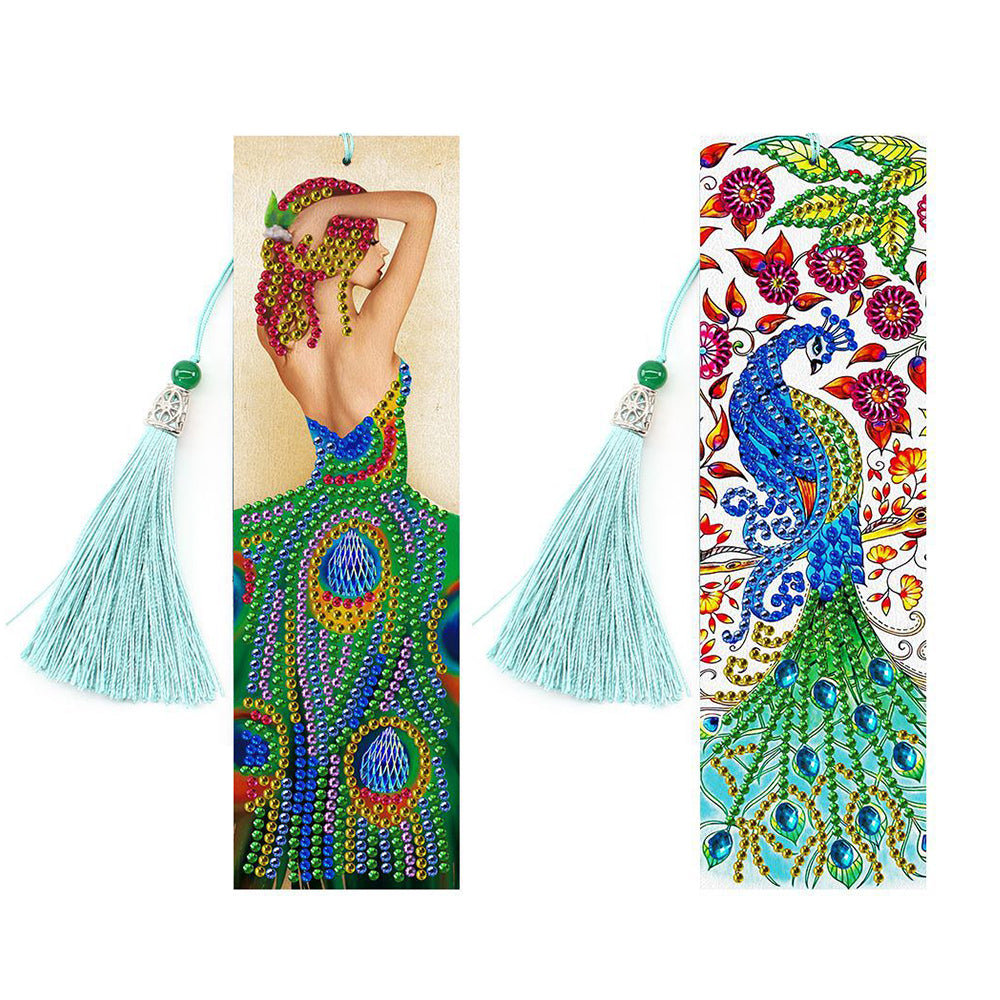 2Pcs Peacock Girl Leather Bookmark Diamond Painting Kits