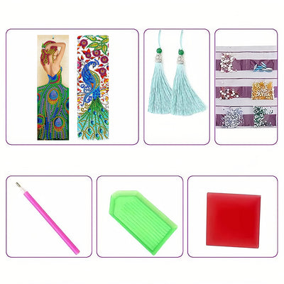 2Pcs Peacock Girl Leather Bookmark Diamond Painting Kits