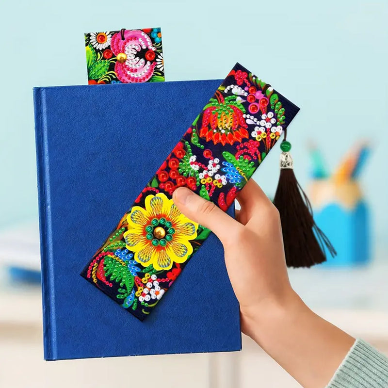 2Pcs Colorful Flowers Leather Bookmark Diamond Painting Kits