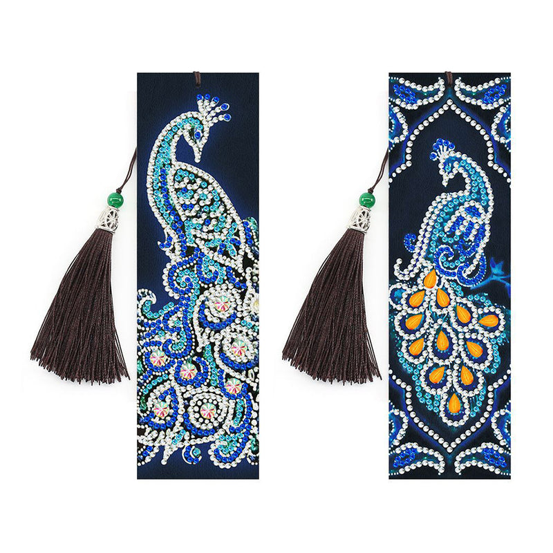 2Pcs Blue Peacock Leather Bookmark Diamond Painting Kits