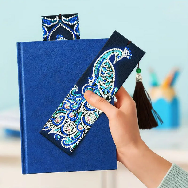 2Pcs Blue Peacock Leather Bookmark Diamond Painting Kits