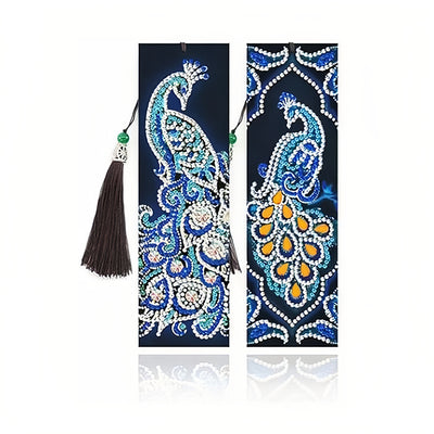 2Pcs Blue Peacock Leather Bookmark Diamond Painting Kits